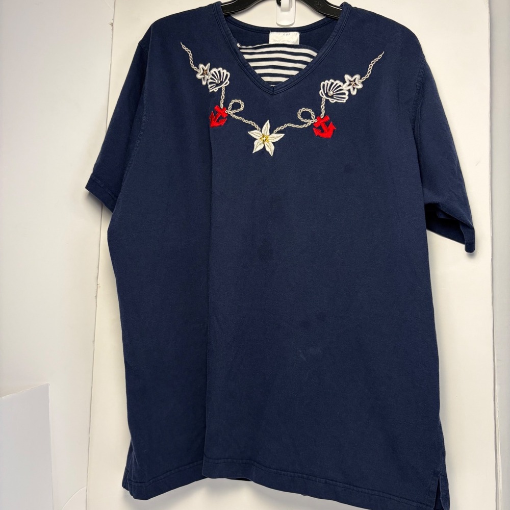 Mix & Max‎ Woman Navy Nautical Embroidered V-Neck T-Shirt Plus Size 22W 24W